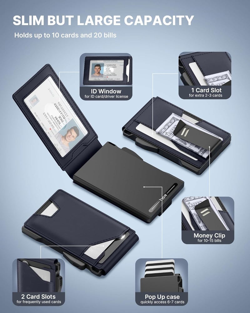 typecase Tactical Wallet for Men Card Holder: Pop Up Card Case, Genuine Leather, Smart, RFID Blocking, Slim, Minimalist, Thin, Front Pocket - 9-13 Card Capacitiy, ID Window, Money Clip (Navy) - Image 2